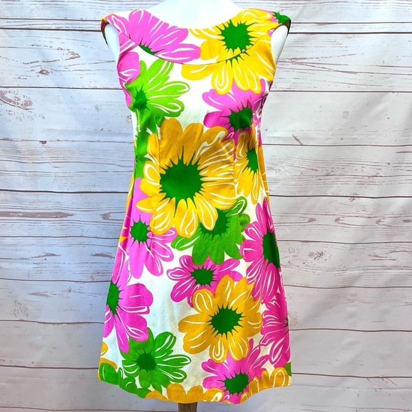 Vintage Hawaiian MCM Mid Century Mod Neon Flower Power Shift Cape Dress - Picture 14 of 14